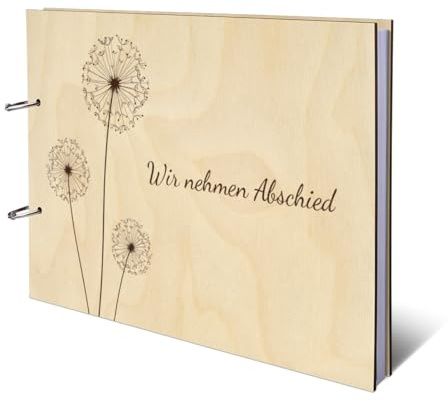 Kondolenzbuch Gästebuch echtes Holz DIN A4 Buch - Pusteblume - mit 72 Blatt / 144 Seiten Naturpapier Weiß