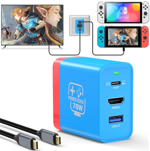 67W USB C Ladestation für Nintendo Switch/OLED, Tragbare Reise-TV-Dockingstation mit 4K HDMI/USB2.0/PD Ladeanschluss, Schnellladeadapter mit USB-C Kabel Laptop
