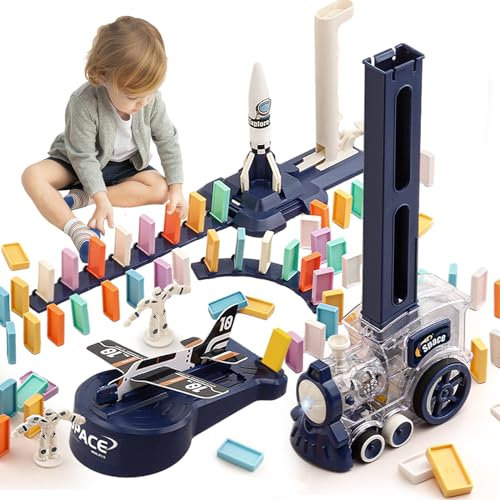 OBEST 200Pcs Domino Zug Spielzeug Set, Elektrischer Domino Rallye Zug mit Licht und Ton, Automatische Platzierung Von Blöcken,Pädagogisches Spielzeug-Geschenk für Mädchen und Jungen AB 3 Jahren