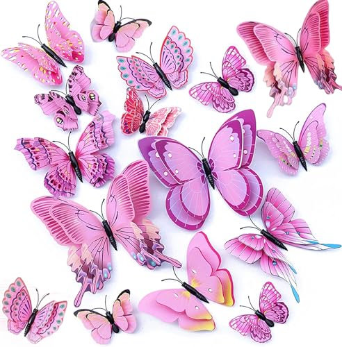 24PCS 3D Butterfly Wall Sticker Decor,3D Butterflies Stickers for Party Decorations with Magnets and Gum Removable and Reusable (Pink)