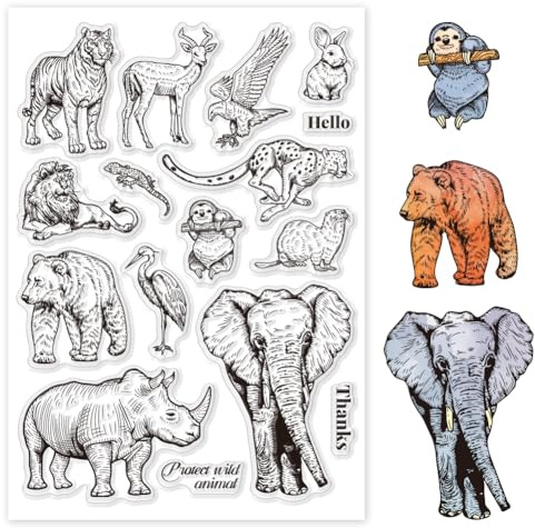 GLOBLELAND Realistischen Tropischen Tieren Transparente Stempel für DIY Scrapbooking Elefant Klare Stempel Siegel Löwe Tiger Transparente Silikonstempel für DIY Journal Scrapbooking Fotoalbum