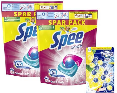 Spee Power Caps Color (1x 120 WL), Colorwaschmittel für Buntwäsche & Dunkles, vordosiertes Waschmittel & WC FRISCH Kraft Aktiv Duftspüler Lemon, 1x 200 g