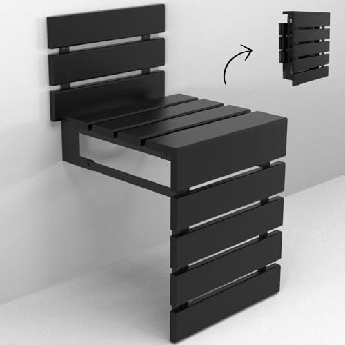 Folding Wall Mounted Teak Wood Shower Seat with Backrest, Water Resistant Foldable Bathroom Stool with Legs, Premium Materials Handmade Shoe Changing Bench, Space Saving and Super Safe Chair (Black)