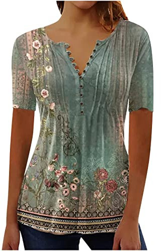 Damen Henley Shirt 2024 Komfortabel Baumwolle T-Shirt Damen V-Ausschnitt Tunika Tops Knöpfe Bluse Kurzarm Sommer Oberteile Blumen Bluse Longshirt Elegant Falten Tunika