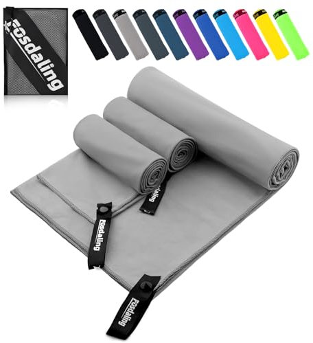 Fosdaling Mikrofaser Handtuch 3er Set（Groß 160×80cm und 2 Klein 80×40cm）, Schnelltrocknend Microfaser Fitness & Sport Handtücher, für Strandtuch, Badetuch, Sporthandtuch und Reisehandtuch (Grau)