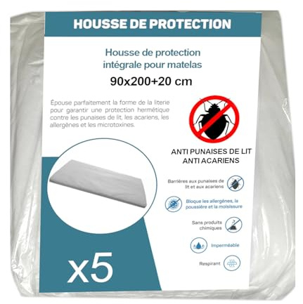 Housse de Protection Intégrale Anti-Punaise de Lit et Anti-Acariens pour Matelas 90 x 200 + 20 cm. (lot de 5 housses)