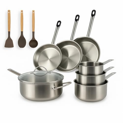 MENASTYL - Batterie de cuisine inox 10 pièces tous feux dont induction - Casseroles, poêles, sauteuse et ustensiles - Gamme Professionnel - Sans PFAS - 6014031