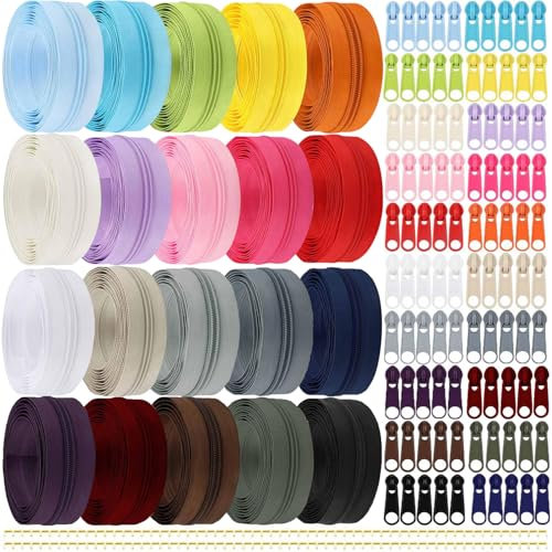 Lighterday 60M Endlosreißverschluss mit Zipper Teilbar, Zieher, Reißverschluss-Reparatur Set für Nähen, Basteln in 20 Farben