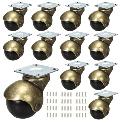 JGJC Ball Caster Wheels 12 Pack, 1.5 inch Small Wheels for Furniture, Antique Brass Furniture Caster Wheel with 360 Degree Swivel Plate, Vintage Ball Castor Wheels for Ottoman, Cabinet, Coffee Table