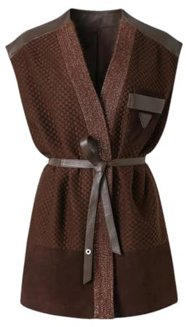 HEYDHSDC Damen Weste mit V-Ausschnitt, Schaffell, Leder, für Frühling, Herbst, braun, S