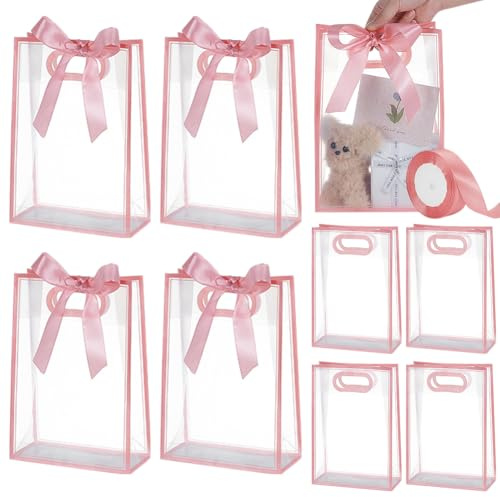 UNICRAFTALE 15Stk Transparente Geschenktüte für Hochzeit Halloween | Rosa Kunststoff,Faltbar,Wiederverwendbar,Mit Lochgriffen,26cm Rechteckig,Für Herbstpartys,Gastgeschenktüte