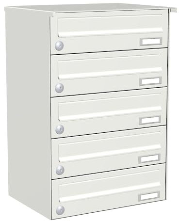 KNOBLOCH Briefkastenanlage | Aufputz | 5-Fach | Verkehrsweiß RAL 9016 | waagerecht | optional 2. Namensschild & 3 Schlüssel