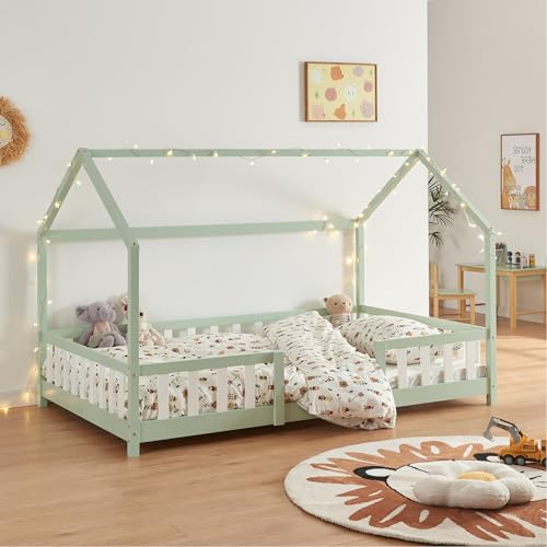 [en.casa] Kinderbett Sisimiut Hausbett Montessori 120 x 200 cm mit Rausfallschutz Holzbett für Kinder Bodenbett Lattenrost Kiefernholz Mintgrün/Weiß