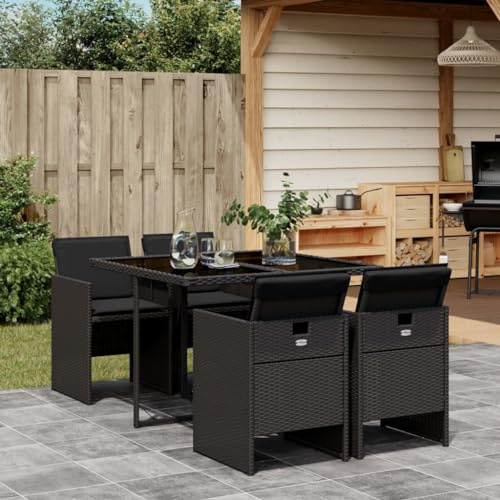 IKAYAA Rattan Gartenmöbel Set 5-TLG, Rattan Sitzgruppe für 4 Personen, Gartentisch aus Glas mit Stapelbar Stühlen & Kissens, Essgruppe Garten, Gartengarnitur Sitzgarnitur, Schwarz