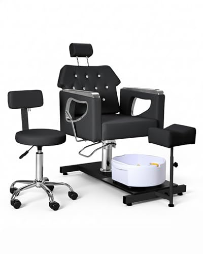 IJIALIFE All‑in‑One Pedicure Chair with Foot Spa & Stool, Nail Tech Pedicure Station with Adjustable Footrest & Bubble Massage Basin, Nail Salon Manicure Chair for Spa Home (Black & Silver)