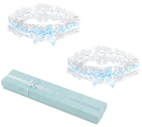 Luckwaii - Liguero de boda (2 piezas, de encaje blanco y azul, con cinta azul rey, liguero, nupcial para boda, garter, azul garter, para novias, accesorios de boda para mujer