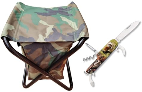 TORO SURVIVAL Pack Camping: Taburete Plegable y Portátil con Diseño de Camuflaje Bolsa + Navaja Multiusos 6 Funciones, Acero 3Cr13, Hoja 6,3 cm. para Camping y Caza (Caza)