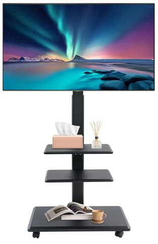 TV-stativ rullbar för 32–70 tums tv, justerbar höjd mobil TV-vagn upp till 45 kg, TV-stativ med hyllor för vardagsrum och kontor (svart)