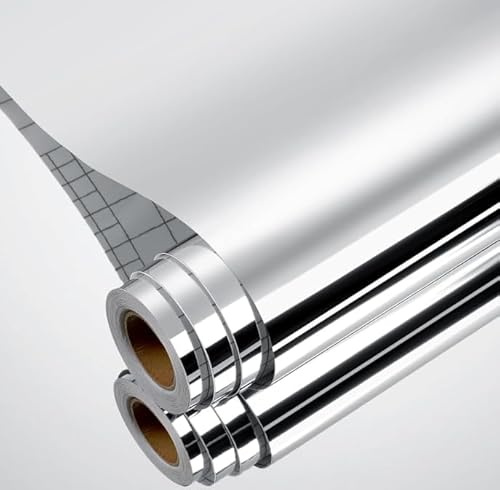 Tapete Selbstklebend, Silber, Hitzebeständig Tapete Öl-Resistent Wasserdicht Anti-Schimmel, Selbstklebende Klebefolie für Schrank, Möbelfolie für Wände Türen Bäder Küche (40x300CM)