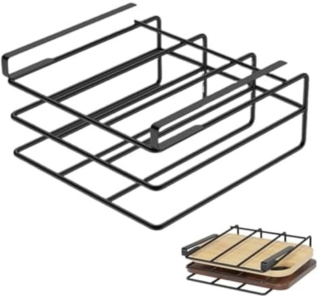 Tidevib Support de planche à découper sous armoire pour cuisine – Support de rangement en acier pour planches à découper, couvercles de casseroles et feuilles de cuisson, noir, 26 x 25 x 7 cm