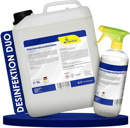 Mr. Perfect® alkoholisches Flächendesinfektionsmittel 5L Kanister + 1L Spray | Hochwirksame Flächendesinfektion mit Alkohol | Desinfektionsmittel für alle glatten Oberflächen | Bundle Set