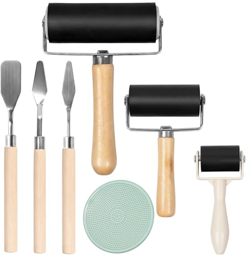 Brayer Roller for Crafts, 3Pcs Rubber Brayer Roller, Rubber Roller Printing Paint Roller, Ink Roller Tool with Plastic Stamp Making Platen and 3 Scraper for Printmaking DIY Art Craft(3.5CM/6CM/10CM)