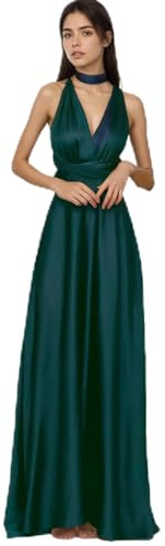 Jamron Mujer Elegante Cuello en V Profundo Satén Vestido de Noche Multi Way Vestido Cruzado Maxi Vestido de Fiesta