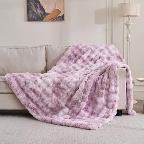760GSM Faux Rabbit Faux Fur Throw Blanket,Super Thick Warm Bubble Blanket Throw,Fuzzy Luxury Plush Decorative Blanket for Couch Bed Sofa(Tie-dye Lavender,50''x 60'')