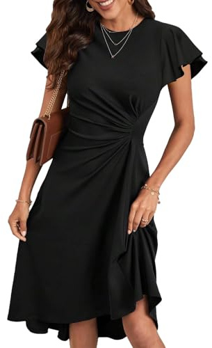 HUXRAKV Robe Femme Chic et Elegant Midi Robe de Cocktail Mancheà Volants Robe Unie A-Line à Plis de Taille Robe de Soirée Fête Affaires