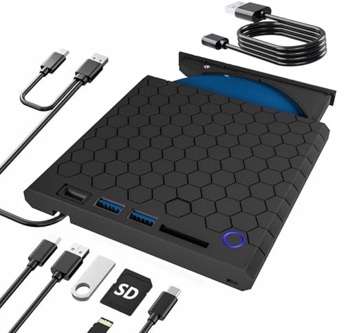 【2026 Nouveau/Faible bruit】Lecteur DVD externe Compatible avec USB 3.0/2.0 et Type-C Compatible avec écriture et lecture de CD 8X à grande vitesse Compatible avec DVD 24X Compatible avec Windows/Mac