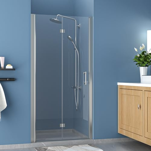 34''Wx72''H Shower Door Lordear Foldable Hinged Bathtub Doors, Clear Thick Tempered Glass Doors, Swing Reversible Installation, Stainless Steel
