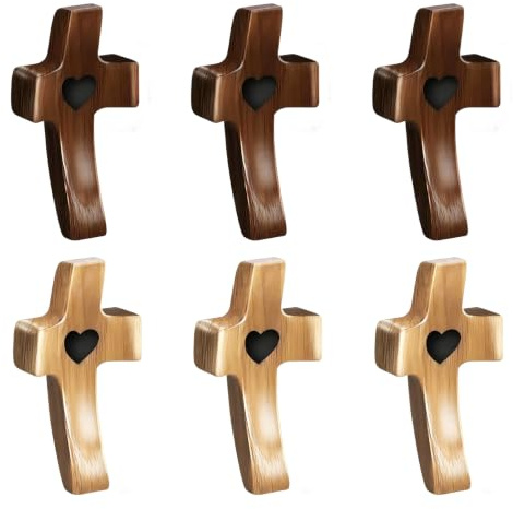 MOAZIFI 6 Stück Handschmeichler, Kreuz, Christliche Geschenke, Holzkreuz Klein, Kruzifix, Taschenkreuz Mini Holzkreuze Symbol für Gebet Meditation Taufe Kommunion Alltag Begleiter