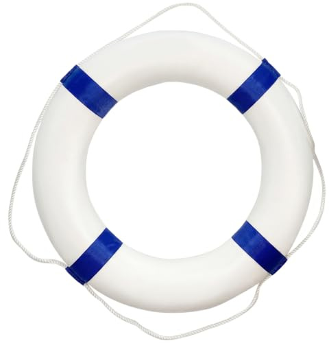Anillo Salvavidas – Anillo de Seguridad para Piscina sin inflar de 20 Pulgadas con lámina Reflectante y Cuerda para decoración de Paredes, Azul y Blanco