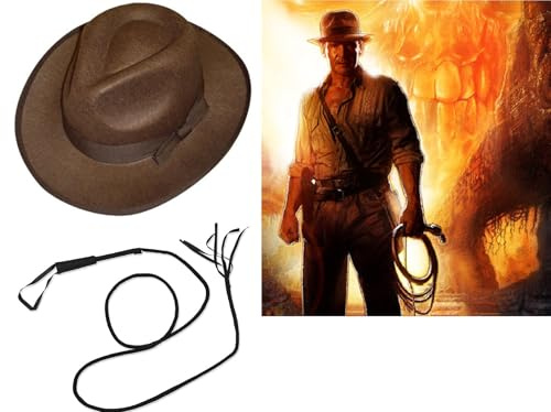 Indiana Jones Style Brown Explorer Hat and Bull Whip Fancy Dress Accessories (Mega_Jumble)