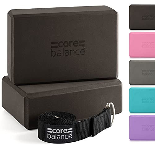 Core Balance Yoga Blocks im Doppelpack & GRATIS Yoga-Gurt, 2 Stk. EVA Schaumstoff-Blöcke, robust & leicht, Riemen aus Baumwolle mit innovativem D-Ring Verschluss, ideal für Pilates, 5 versch. Farben