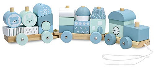 Navaris Trenino in Legno Trainabile - Locomotiva e Vagoni a Ruote Trainabili con Spago - Treno Giocattolo 20pz - Decorazione Cameretta Bambini - Blu