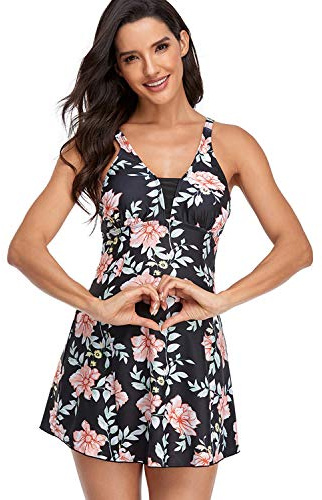 Maillot de Bain Femme Tankini avec Culotte Maillot de Bain 2 Pièce Push Up Elégant Plage Floral Maternité Beachwear Tankini pour Grossesse Encein Bathing Suit Maternité (Noir, L)