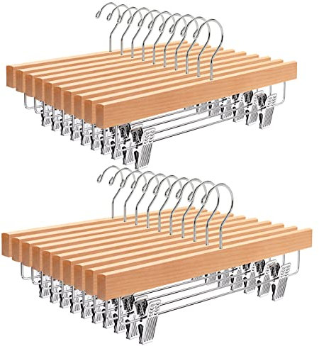 Amber Home 20 Stück 35,5cm Natürliche Kleiderbügel aus Holz, Robust und Glänzend Hosenbügel Aufhänger für Hosen Shorts Rock Socken Unterwäsche, mit rutschfest Clips und Drehbar Haken