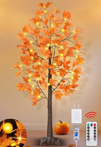 Remote Control&Timer - Fall Decor 5 Ft Artificial Lighted Prelit Maple Tree Fall Decorations for Home,3D Pumpkin Lights 81 Warm White LEDs 8 Mode/USB Plug Porch Party Indoor Outdoor Thanksgiving Decor