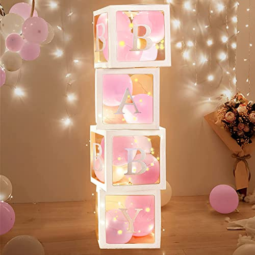 Babyparty-Dekorationen Ballonboxen Kit-4 Stück DIY Boxen mit 30 Luftballons,4 Strings LED-Lichter,4 Set Baby-Buchstaben für Jungen Mädchen Baby,Brautduschen,Geschlecht enthüllen,Geburtstagsfeier Dekor