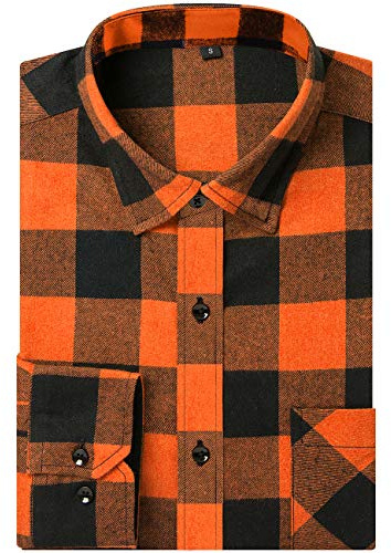DOKKIA Men's Casual Dress Long Sleeve Buffalo Plaid Checkered Fitted Flannel Shirt (Orange Black Buffalo, Medium)