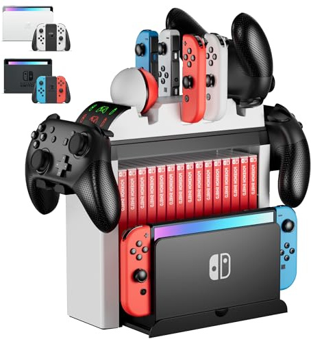 Switch Aufbewahrung mit Controller Ladestation, ZAONOOL Ladestation für Nintendo Switch & OLED Joy Con, Pro Controller und Pokeball, Zubehör Aufbewahrungsständer für Spiele, Pro Controller, TV Dock