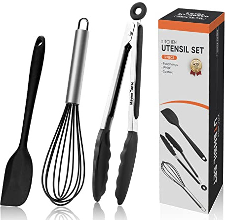 3PCS Silicone Cooking Utensil Set,Non Stick Kitchen Tool, Black | Silicone Tongs for Cooking/Whisk/Silicone Spatula,Kitchen Utensils for Non-stick Cookware | Heat Resistant | Dishawasher Safe