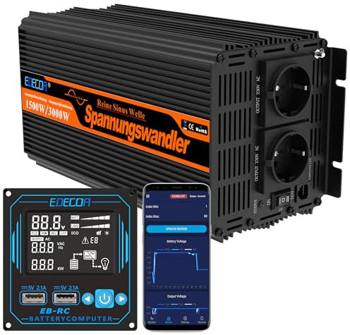 EDECOA convertisseur 12v 220v Pur Sinus 1500w 2X USB télécommande Pro onduleur sélectionner Le Type de Batterie FLD AGM Gel LiFePo4 Mode ECO