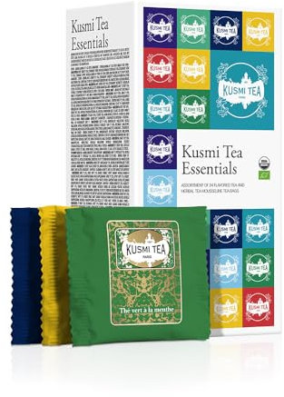 Kusmi Tea - Coffret Les Essentiels - Assortiment de Thés Bio - Idée Cadeau Homme et Femme - Thés Noirs, Thés Verts, Detox, Infusions et Maté - 24 Sachets - 8 Recettes Délicieuses