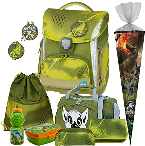 WILD - Dino - T-Rex - Schneiders TOOLBAG Plus mit LED-LEUCHTSYSTEM und PATCHIES - Schulranzen-Set 8tlg. mit Sporttasche, BROTDOSE und TRINKFLASCHE - SCHULTÜTE GRATIS DAZU