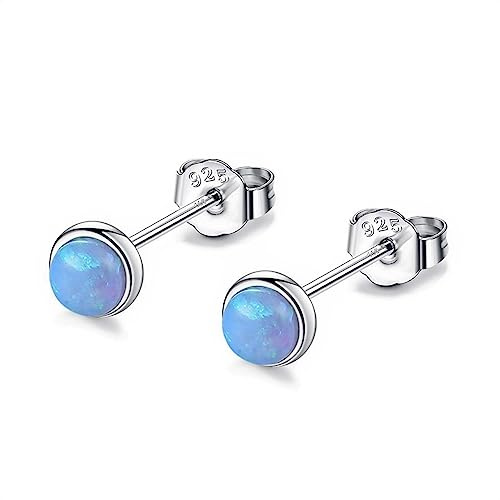 Bellitia Jewelry 3MM 925 Sterling Silber Ohrstecker Set für Damen Teenager Weiß/Blau/Grün Opal Ohrringe Hypoallergene Ohrringe Runde Edelstein Ohrstecker Geschenk Tochter Damen