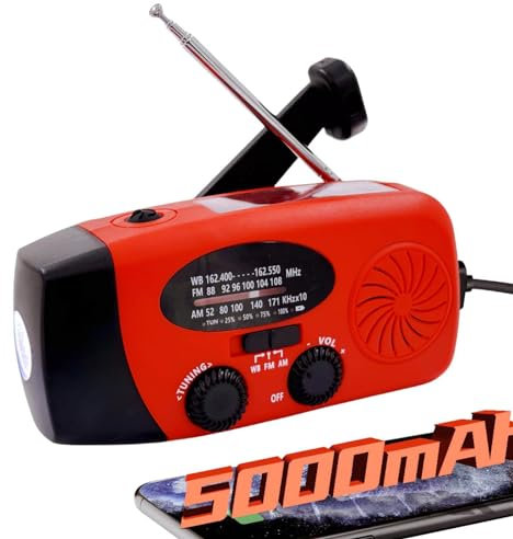5000mAh Wind Up Solar Radio, Emergency Crank Weather Radio, Solar Radio with Torch, NOAA/FM/AM Solar Radios, Portable Survival Radio with SOS, USB Mobile Phone Charger for Camping Outdoor(Red)