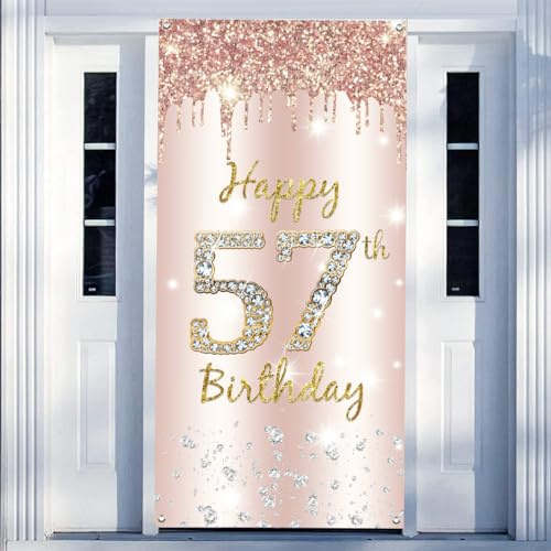 57. Geburtstag Deko Frauen, Happy 57th Birthday Door Banner Roségold Stoff Schild Plakat Türdekoration, 57. Geburtstag Hintergrund Banner Damen, Geburtstagsfeier Willkommensschild