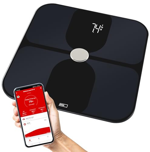 EMOS Smart kroppsfettvåg, BMI personvåg med ITO-glas, kroppsvåg för mätning och analys 14 kroppsdata, minne för 8 användare, GoSmart App, iOS/Android, Bluetooth, lastkapacitet 180 kg